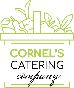 Logo for Cornel’s Catering Co. A green outline of a basket filled with fresh vegetables and herbs, with the name ‘Cornel’s’ written below.
